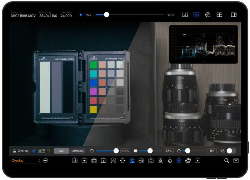 A tablet screen displaying a video editing software interface. The screen shows a color calibration tool, waveform monitor, and camera lenses on the right side. Various editing controls and icons are visible at the bottom of the screen.