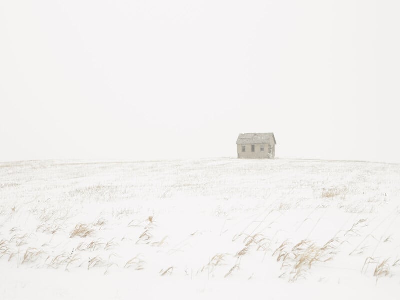 A solitary house stands in the middle of a vast, snow-covered field. The sky is overcast, blending seamlessly with the white landscape, and only a few dried grasses poke through the snow. The scene is serene and minimalist.