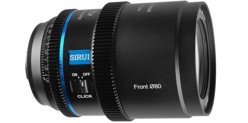 A close-up view of a Sirui camera lens featuring a black body with a blue accent. The lens has focus and aperture adjustment rings and an on/off switch. The text "Front Ø80" is visible on the front.