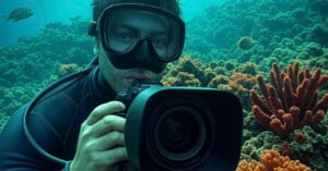 A scuba diver in a wetsuit and mask holds a large camera underwater. Colorful coral and marine life surround the diver, who appears focused on capturing the vibrant underwater scene.