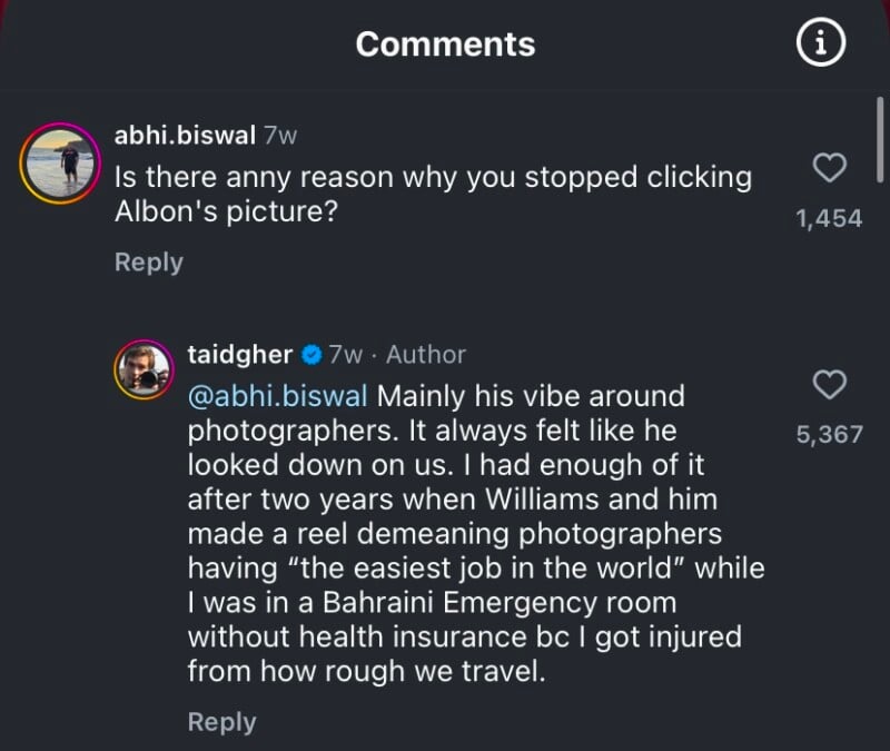 Screenshot of a social media comments section. User "abhi.biswal" asks why the author stopped photographing Albon. The author, "taidgher," explains through an accusation about Albon’s demeaning attitude towards photographers.