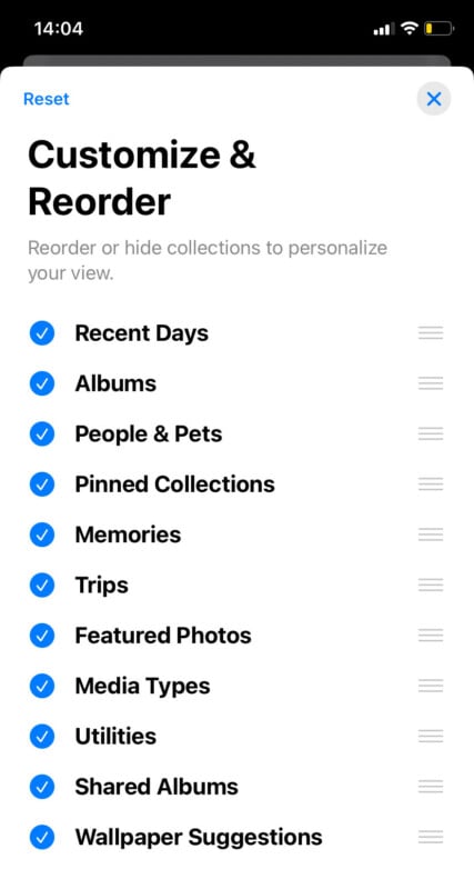 A smartphone screen displaying a "Customize & Reorder" menu with options like Recent Days, Albums, and People & Pets. Each option has a blue checkmark next to it, and a three-line icon for reordering.