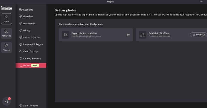 Screenshot of a photo delivery interface showing options to export photos to a folder or publish them to Pic-Time. The screen includes navigation options on the left and displays the current section, "Deliver," highlighted.