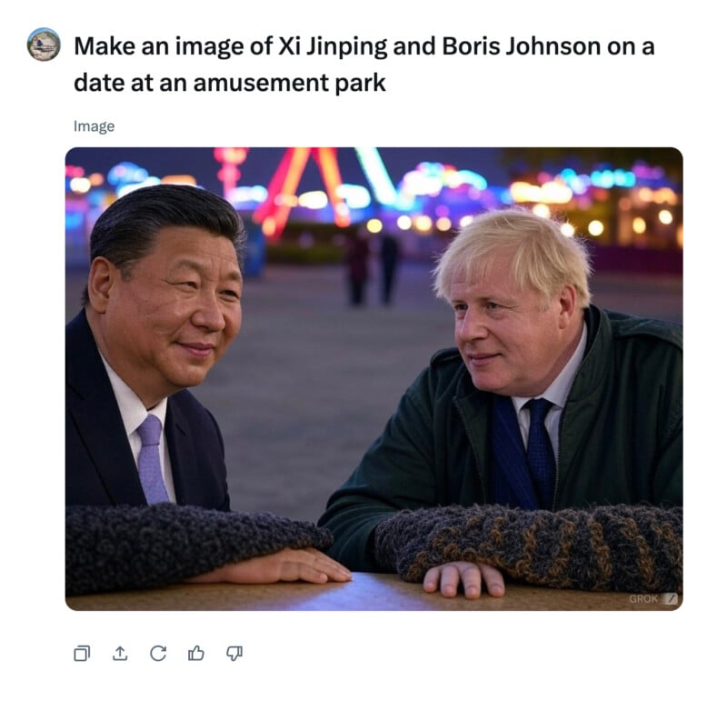 Two men are sitting together at a table in an amusement park. Both appear engaged in conversation with a background of colorful, blurred lights and rides.