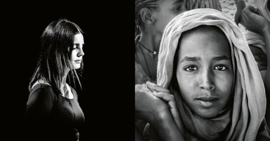 Left: Black and white portrait of a woman with closed eyes, side profile. Right: Black and white portrait of a young person with a headscarf, gazing directly at the camera.