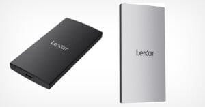 Two Lexar portable solid-state drives are shown. One is black with a curved top, and the other is silver with a flat design. Both have the Lexar logo on their surfaces.