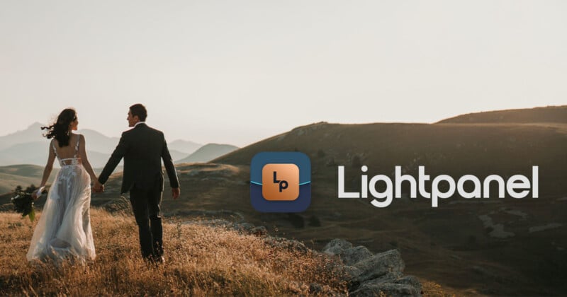 A couple in wedding attire walks hand in hand across a grassy hill at sunset. The Lightpanel logo and name are displayed on the right side of the image.