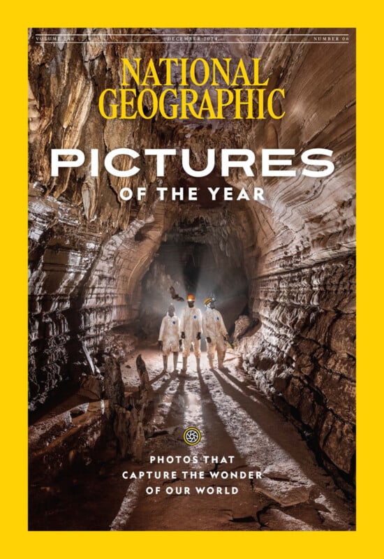 Cover of National Geographic magazine featuring three people exploring a large, illuminated cave. The text reads "Pictures of the Year" and "Photos that Capture the Wonder of Our World." The border is yellow.