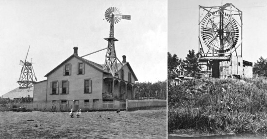 A vintage black and white image featuring two separate scenes. Left: A farmhouse with a windmill on the roof. Right: A large wooden windmill structure stands alone on a grassy hill. Both images capture rural settings.