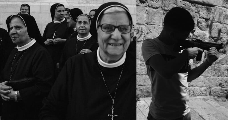  the left shows a group of smiling nuns in religious habits with crosses; the right depicts a young person aiming a toy gun, silhouetted against a stone wall.