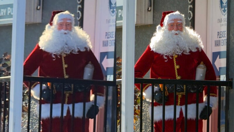 Two side-by-side images of a Santa Claus figure dressed in a red suit with white trim, black belt, and hat. The Santa has a full white beard and is standing behind a black railing. Signs and foliage are visible in the background.