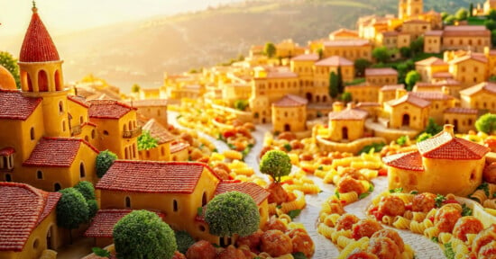 A picturesque landscape resembling an Italian village, crafted entirely from food. Houses have bread walls and cheese roofs, with pasta paths and trees made from broccoli. Sunlit hills create a warm, inviting atmosphere.