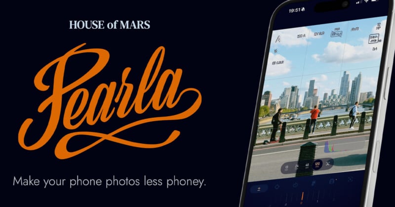 A smartphone screen displays a photo editing app with a city skyline. The text reads "HOUSE of MARS" and "Pearla" in orange script, accompanied by the slogan "Make your phone photos less phoney.