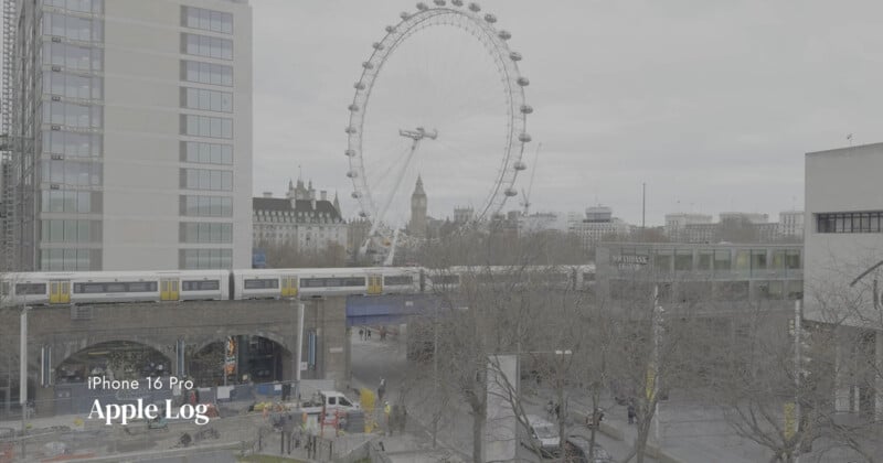 A cityscape features a large Ferris wheel, known as the London Eye, with Big Ben visible in the background. A train crosses an elevated track near modern buildings, and bare trees line the scene. Overlaid text reads "iPhone 16 Pro Apple Log.