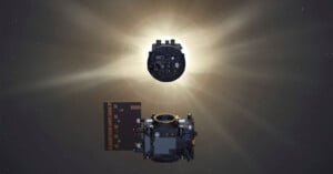 Illustration of a spacecraft with solar panels in space, positioned against the backdrop of a glowing sun. The sun's corona is visible, creating a halo effect around the central black circle, which depicts the sun's obscured surface.