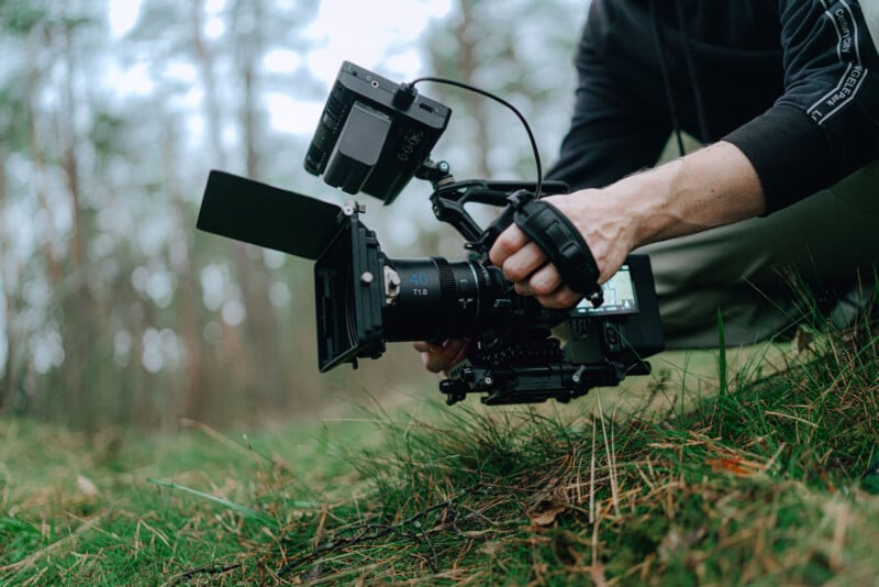 A person crouches, operating a professional video camera equipped with a microphone and viewfinder in a grassy outdoor setting, possibly a forest. The camera is being held low to capture footage from ground level.