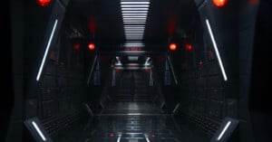 A futuristic, dimly-lit corridor with metallic walls and red lights. The ceiling features linear LED lights, and the floor is reflective, creating a symmetrical perspective. The scene has a sci-fi ambiance.