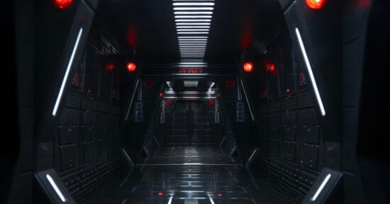 A futuristic, dimly-lit corridor with metallic walls and red lights. The ceiling features linear LED lights, and the floor is reflective, creating a symmetrical perspective. The scene has a sci-fi ambiance.