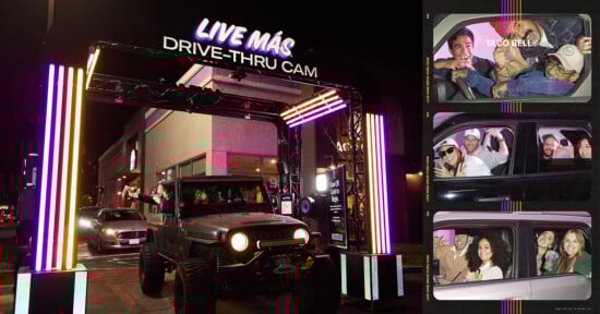 A Jeep filled with people at a Taco Bell drive-thru with neon lights overhead. The right side shows three frames of smiling groups inside vehicles, each with "Live Más" and "Taco Bell" signage visible.