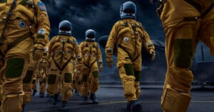 A group of astronauts in yellow space suits with helmets walk in formation under a dark, cloudy sky. The suits feature various patches and insignias. A large aircraft is partially visible in the background.