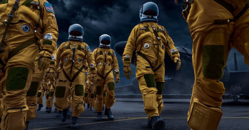 A group of astronauts in yellow space suits walking on the tarmac under a dark, cloudy sky. They wear helmets with reflective visors and American flag patches on their sleeves, heading towards a large aircraft in the background.