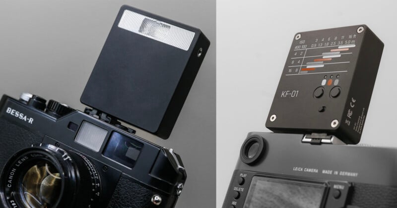 Two images of vintage cameras with external light meters attached. The left camera has a wide lens and black finish, while the right camera has a matte body with detailed exposure settings on the meter display.