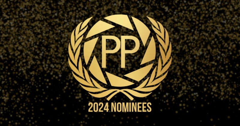 Gold laurel wreath encircling the letters "PP" on a black background with gold sparkles. Text below reads "2024 Nominees.