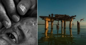 The image shows a split view: on the left, a close-up of a person's face in black and white, fingers touching their forehead; on the right, a color photo of a person mid-air, diving into a large body of water next to a partially submerged structure.