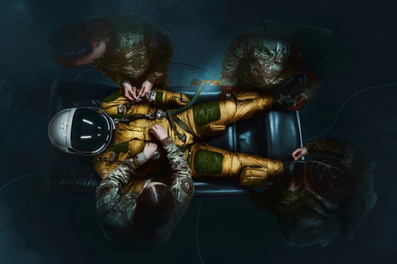 Top-down view of a person in a yellow pressure suit lying on a medical chair, surrounded by four individuals in camouflage uniforms, adjusting the suit and monitoring equipment. The atmosphere is focused and professional.