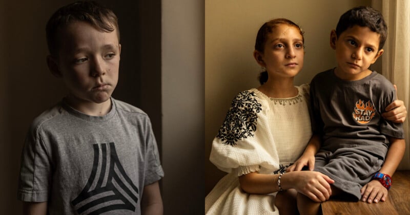 A young boy on the left appears sad in dim lighting, wearing a grey shirt. On the right, a young girl in a white dress with black embroidery holds a boy in a dark shirt sitting beside her, both looking pensive.