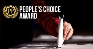 A person dropping a folded paper into a ballot box, illustrating the People's Choice Award. To the left, there's a gold laurel emblem with "P" and "P" initials. The background is dark, with the text "People's Choice Award" in bold white letters.