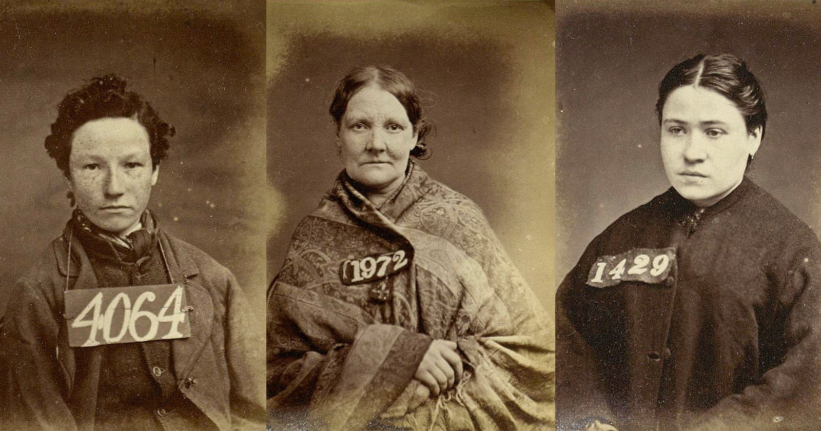 Three vintage sepia-toned mugshot portraits of individuals. Each holds a sign with a unique identification number: 4064, 1972, and 1429. They wear 19th-century clothing, with serious expressions, against a plain backdrop.