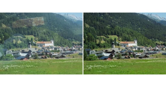 A picturesque village set against a lush green mountain backdrop. Two versions of the same scene show a cluster of houses and a prominent church surrounded by meadows and a forest under a clear blue sky.