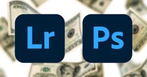 Icons of Adobe Lightroom (Lr) and Photoshop (Ps) on a blurred background of scattered U.S. dollar bills.