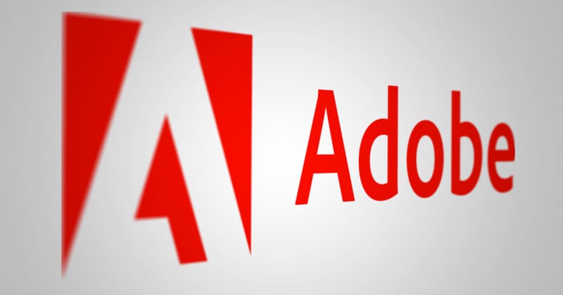 The image displays the Adobe logo, featuring a stylized red "A" next to the word "Adobe" in red text on a light gray background.