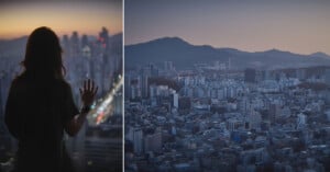 A person stands by a window, gazing at a city skyline, their silhouette visible against the evening sky. The right section shows a panoramic view of the sprawling city with mountains in the background, under a dim, bluish light.