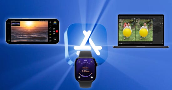 A blue background features a large App Store logo in the center. Surrounding it are images of a smartphone with a sunset, a smartwatch displaying 7:15 AM, and a laptop displaying a photo editing interface with a photo of children with yellow balls.