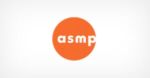 ASMP logo with lowercase white letters "asmp" inside an orange circle on a light gray background.