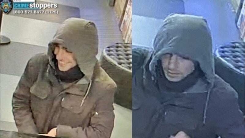 Two security camera images show a person wearing a hooded jacket and a scarf in an indoor setting. The person appears to be smiling slightly in the left image and looking down in the right image. Crime Stoppers contact information is displayed at the top.