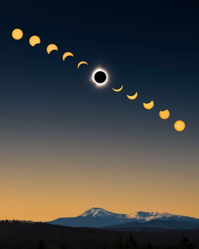 A series of images showing the phases of a solar eclipse against a twilight sky, transitioning from a full sun to a total eclipse and back. Below, a mountain range is visible, silhouetted against the fading light.