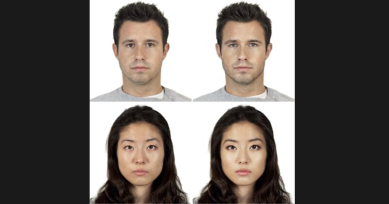 A composite image showing two pairs of identical faces. The top row features two men with short dark hair, and the bottom row features two women with long dark hair. Each pair has a slight variation in facial expression.