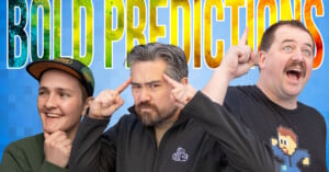 Three people are posing against a blue background with the words "BOLD PREDICTIONS" in colorful letters above them. One person is smiling, the second is pointing to their temples, and the third is pointing upwards with excitement.