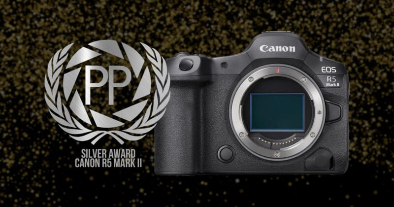 A Canon EOS R5 Mark II camera is displayed against a backdrop of golden sparkles. To the left, a silver award emblem reads "PP Silver Award Canon R5 Mark II.