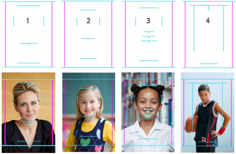 Four images show different people: a smiling woman, a young girl with a colorful sweater, a girl in a library with a white shirt, and a boy in a basketball jersey holding a ball. Each portrait is framed by blue and purple guidelines.