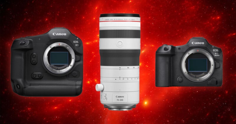 Three Canon cameras and a telephoto lens are displayed against a vibrant red galaxy background. The cameras are positioned on either side of the lens, showcasing their design and features.