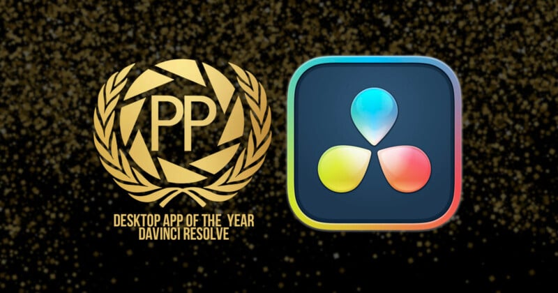 Logo of "Desktop App of the Year" award featuring a golden wreath and text, alongside the DaVinci Resolve icon with three colorful interconnected circles on a dark background with a starry design.