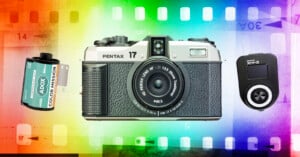 A vintage Pentax camera is centered between a roll of Adox Color Mission film and a black XH-2 device. The background features a colorful gradient within a filmstrip frame.