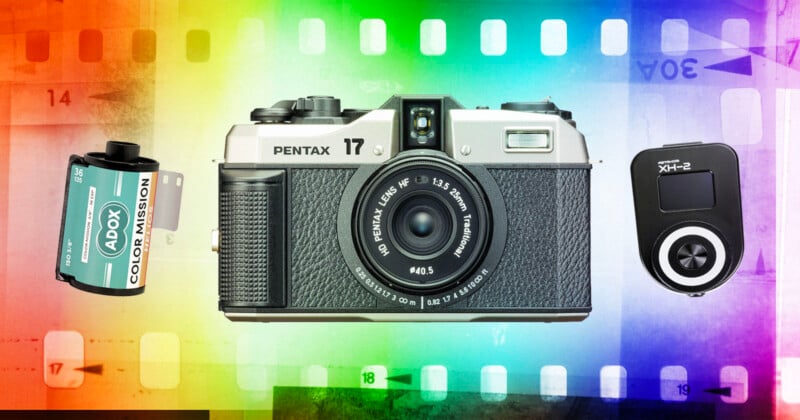 A vintage Pentax camera is centered between a roll of Adox Color Mission film and a black XH-2 device. The background features a colorful gradient within a filmstrip frame.