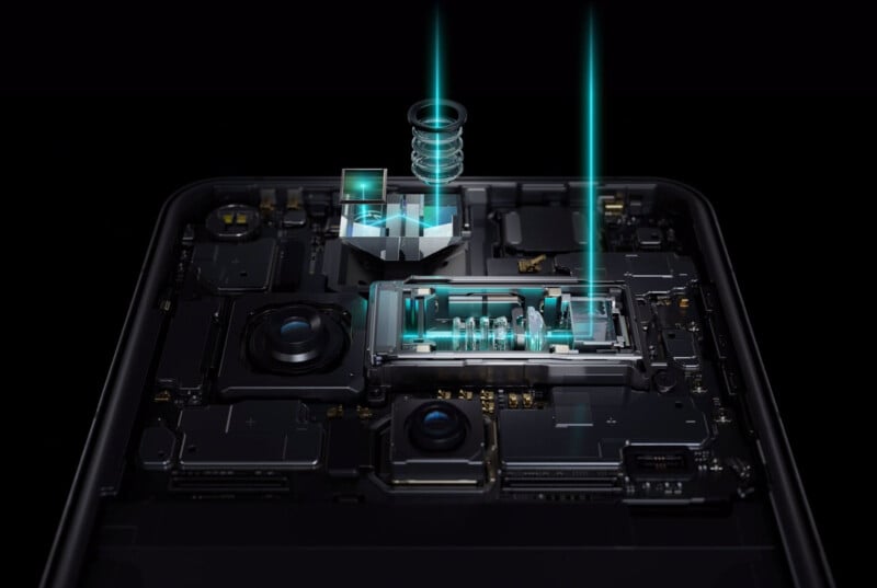 A smartphone's internal components are illustrated, focusing on the camera's hardware. The image highlights the lens system with vibrant blue light beams extending upwards, showcasing its intricate technological design against a dark background.