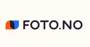 Logo of FOTO.NO with bold, black text on a white background. A stylized shape combining blue and orange elements appears to the left of the text.